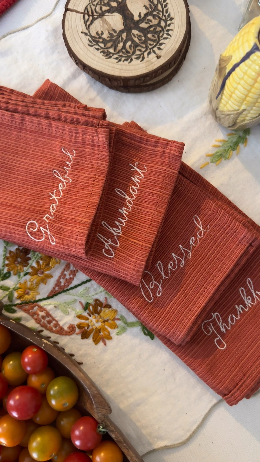 thanksgiving embroidered vintage napkins ✨

“Elevate your table with our one-of-a-kind Thanksgiving Embroidered Vintage Napkins - a heartfelt collaboration by lucid ladybug with custom embroidery by Sew Chic by Janette. 
 
Featuring:
Grateful
Abundant
Blessed 
Thankful
 
Each vintage cloth napkin features a thoughtful intention, meticulously designed to spark conscious conversations around your holiday feast. Perfectly capturing the spirit of gratitude, our custom napkins embody our passion for vintage and sustainable styling.”

two unique sets curated + designed by me with embroidery by mom now in the shop ✨

#vintage #tablescape #vintagestyle #tableinspo #vintagenapkins #sustainable #stylist 

#LTKWatchNow #LTKSeasonal #LTKHoliday