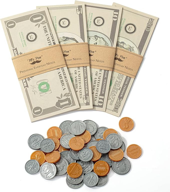 Mr. Pen - Play Money for Kids, 150 Pcs, Ages 3+, Realistic Fake Cash and Coins | Amazon (US)