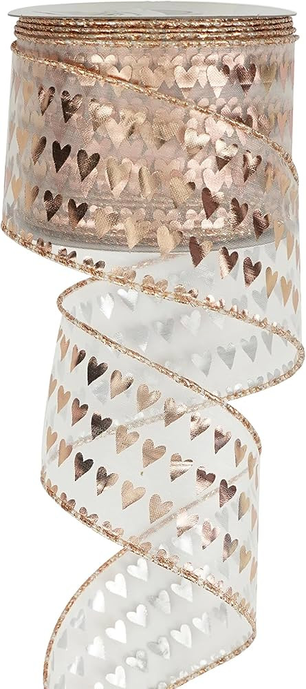 MEEDEE Heart Wired Ribbon 2.5 Inch Rose Gold Ribbon Pink Sheer Ribbon with Hearts Organza Sheer R... | Amazon (US)