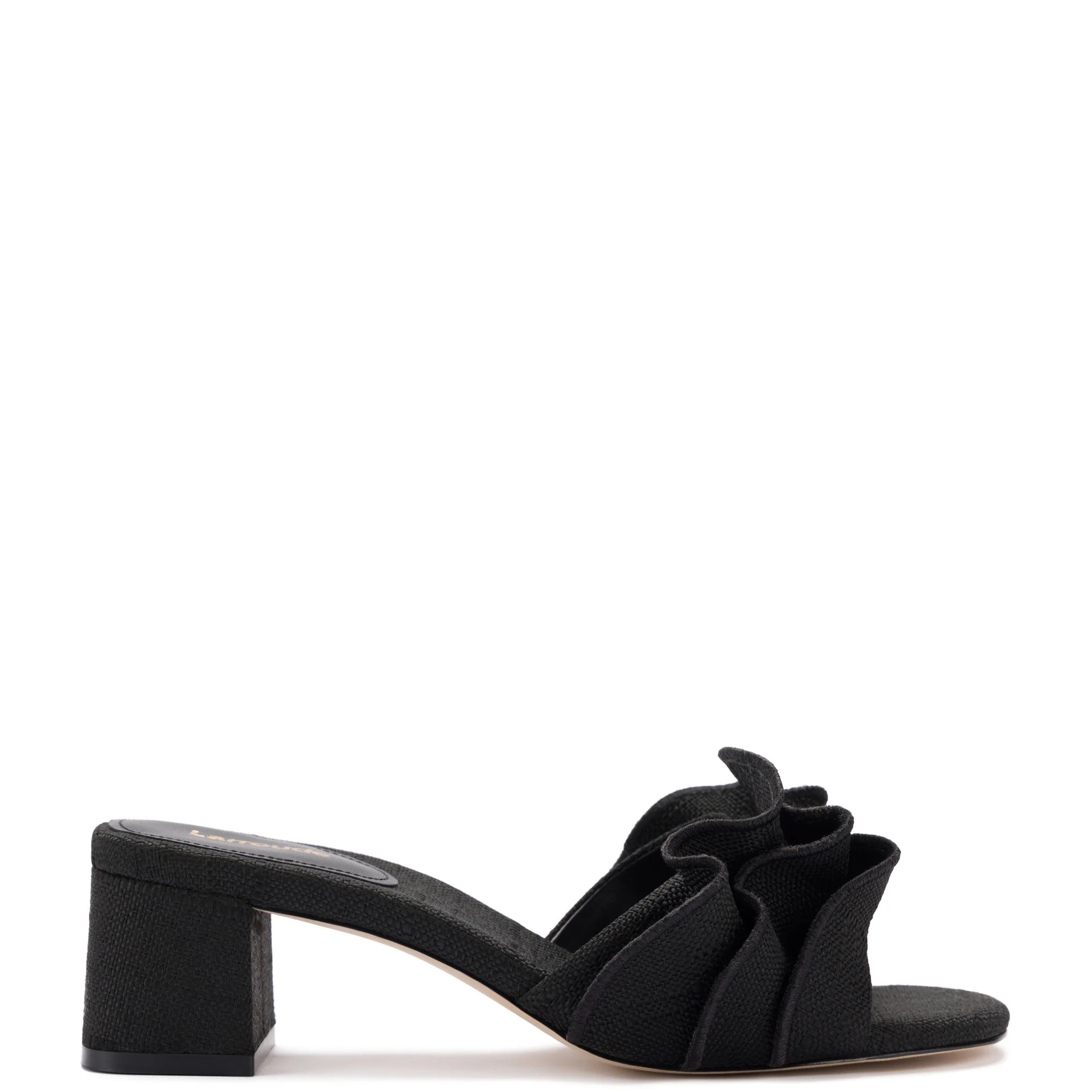 Brigitte Ruffle Mule In Black Raffia | Larroude