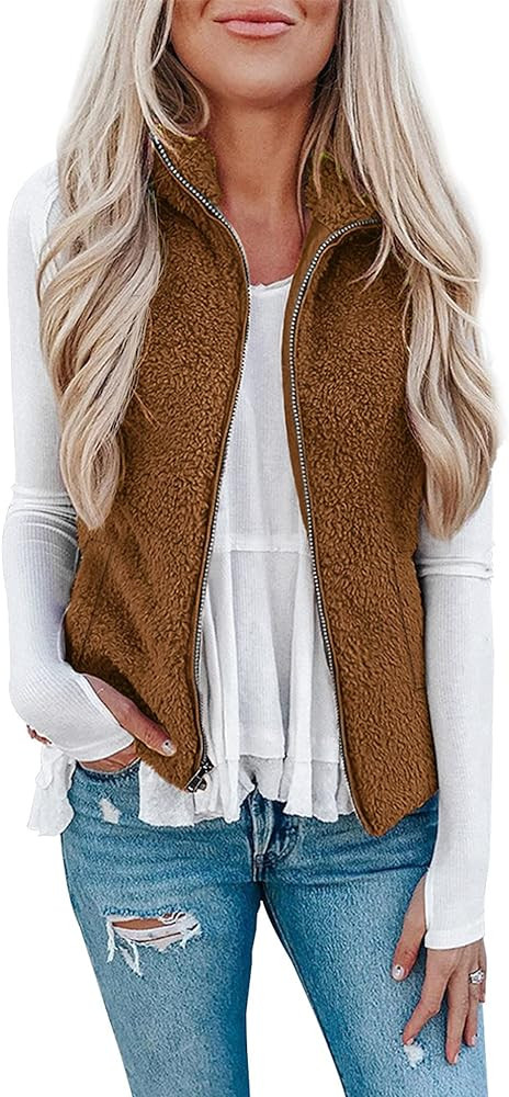 LOMON Womens Fuzzy Sherpa Fleece Jacket Lightweight Vest Cozy Sleeveless Cardigan Zipper Waistcoa... | Amazon (US)