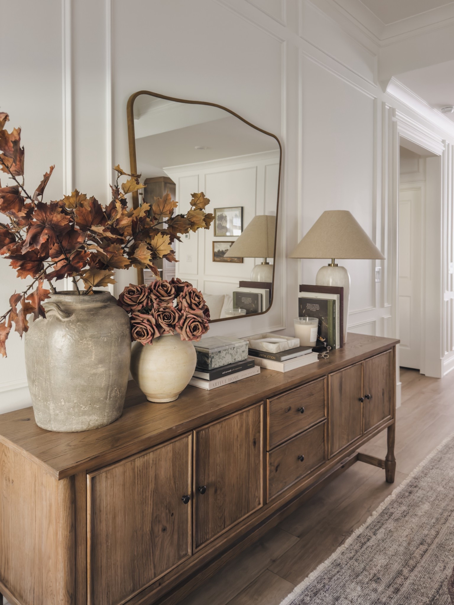 Fall sideboard inspo featuring some of my favorite fall florals. Loving the rich colors of these stems for the season tied in for a collected, moody style. 

Home finds, neutral home inspo, fall refresh, sideboard details, vase favorites, oversized mirror, neutral wood tones, furniture favorites, table lamp, faux florals, catchall tray, marble detail, neutral area rug, living room inspo, Wayfair, Afloral, Pottery Barn style, found it on Amazon, Loloi, Amber Lewis, shop the look!#LTKStyleTip

#LTKSeasonal #LTKHome