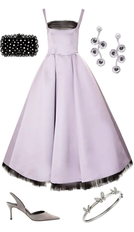 Make this look your own! Inspired by Brie Larson at The Golden Globes... Lilac ballerina inspired gown with lace detail, grey sling back pumps, black stone and pearl beaded clutch, antique chandelier earrings, a sweet butterfly bangle and Viola’! 

#LTKparties #LTKstyletip #LTKwedding