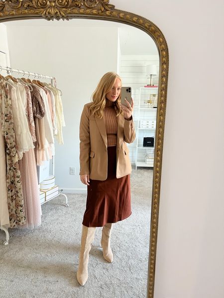 Fall workwear look styling a slip skirt with a faux leather blazer. Finish the look with suede boots. 

#LTKunder100 #LTKshoecrush #LTKworkwear