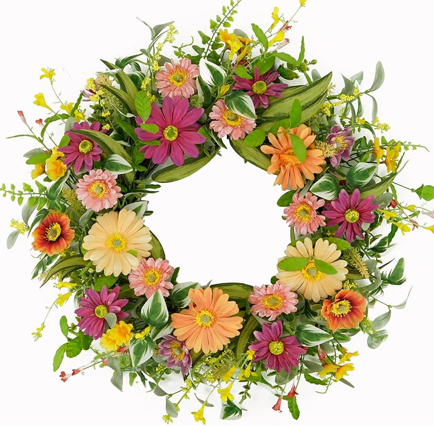 Artificial Spring Wreaths for Front Door Summer Door Wreath with Multicolor Daisy for Front Door ... | Amazon (US)