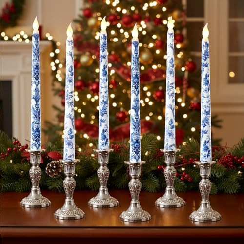 6 Pcs Christmas Blue White Flameless Taper Candles 11 Inch Chinoiserie Battery Operated LED Candl... | Amazon (US)