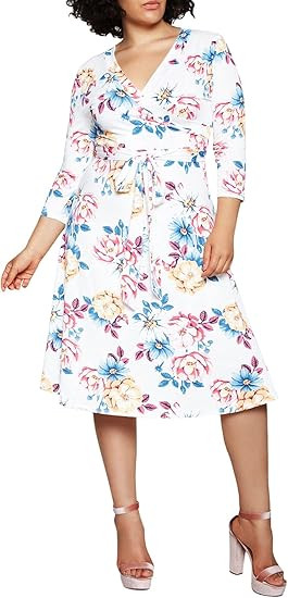 Pink Queen Women's Plus Size 3/4 Sleeve Faux Wrap Floral Dress with Belt | Amazon (US)