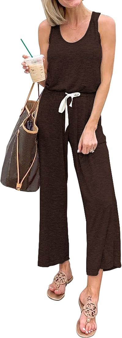 PRETTYGARDEN Women's Casual Sleeveless Solid Jumpsuit Crewneck Drawstring Waist Stretchy Long Pan... | Amazon (US)
