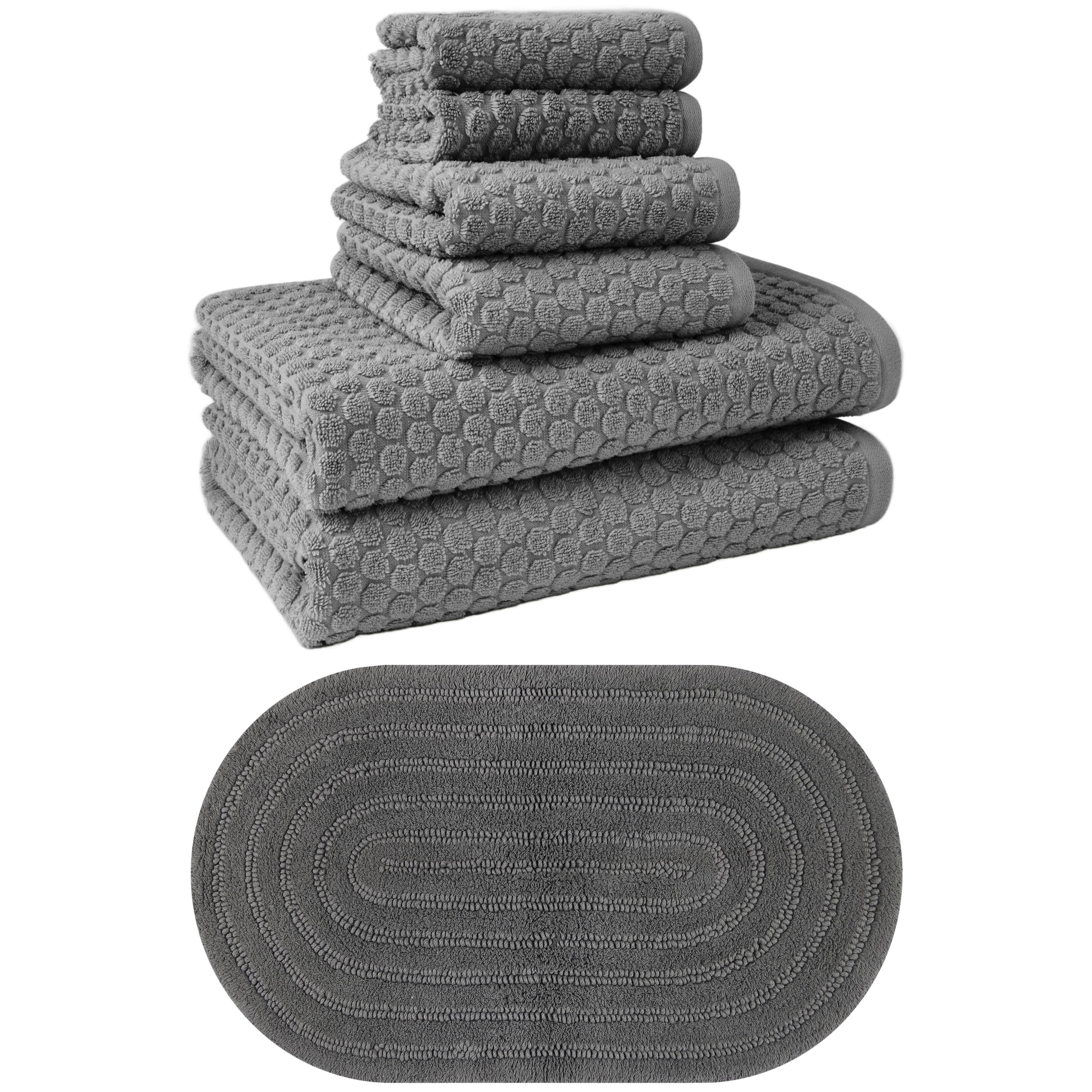 Beautiful by Drew Barrymore Complete Bathroom Set – Soft Cotton Towels, Oval Bath Rug, Grey | Walmart (US)