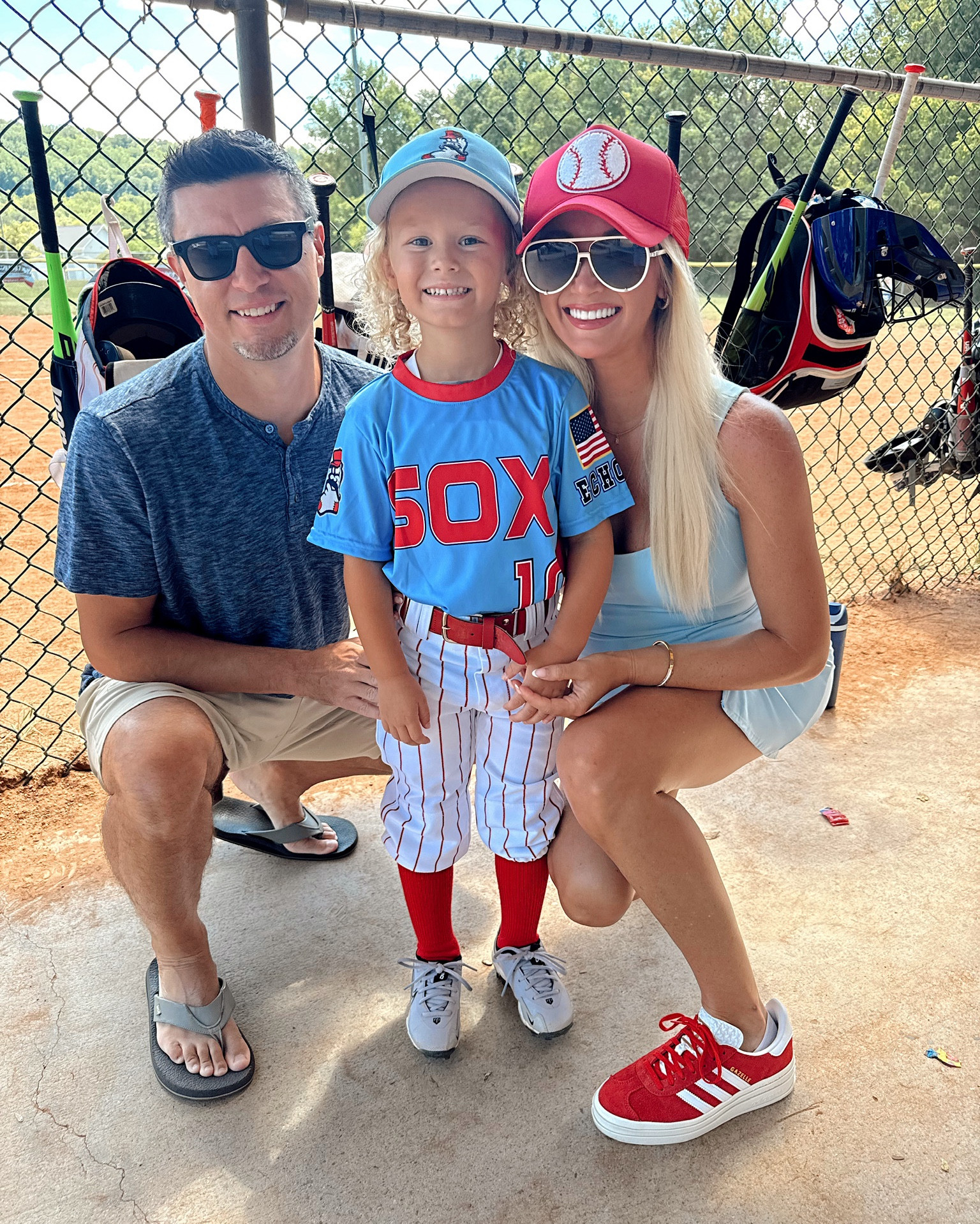 baseball mom outfit 
non maternity light blue athletic dress (sized up to a M) / baseball patch & hat / red adidas gazelle (size 8) / white frame aviator sunglasses / all of B’s uniform pieces are linked!

#LTKBump #LTKKids #LTKFindsUnder50