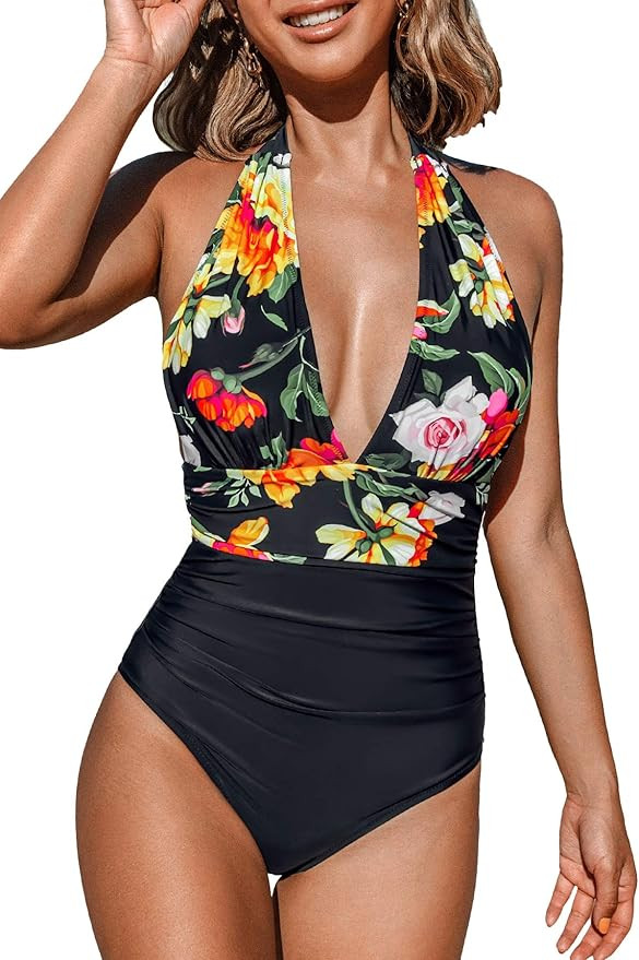 CUPSHE Women's One Piece Swimsuit Halter Plunge Neck Ruched Tummy Control Bathing Suits | Amazon (US)