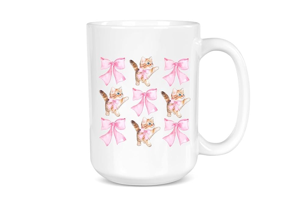 Cute Cat Mug - Cat Lover Gifts for Her - White Ceramic Coffee Cup Large 15 oz or 11 oz - Soft Era Feminine Pink Bow Design on Both Sides | Amazon (US)
