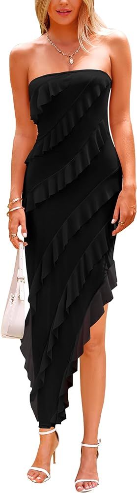 PRETTYGARDEN Womens Strapless Tube Asymmetrical Ruffle Maxi Bodycon Dress | Amazon (US)