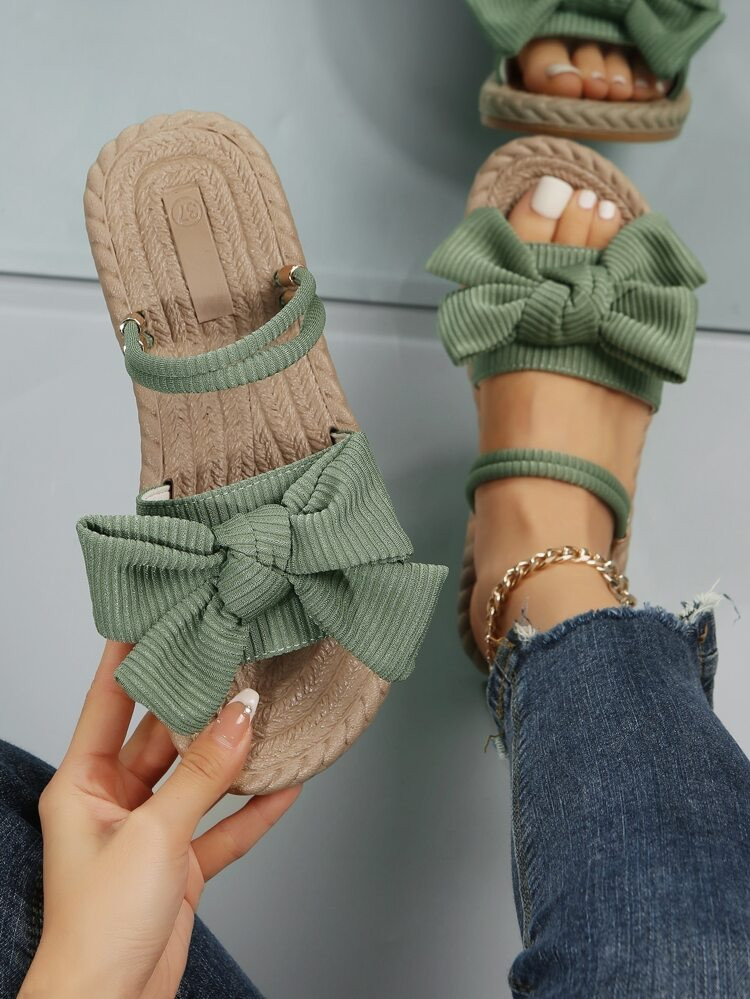 Women Ribbed Knit Bow Espadrille Open Toe Slide Sandals, Vacation Outdoor Polyester Flat Sandals | SHEIN