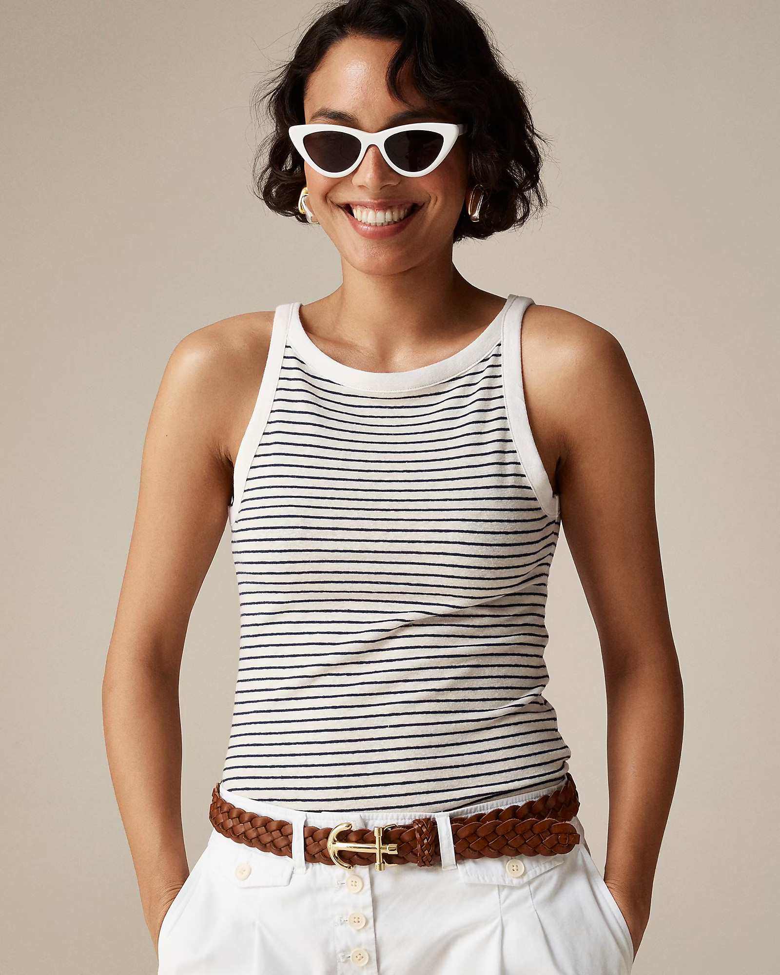 High-neck tank top in striped stretch linen blend | J. Crew US