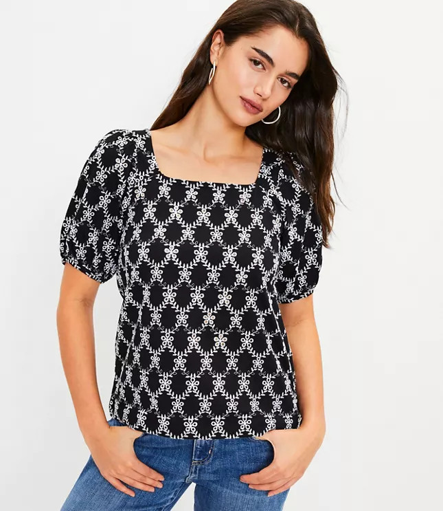 Floral Lace Puff Sleeve Square Neck Top | LOFT