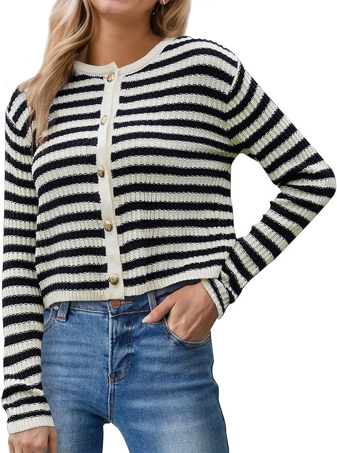 Womens Striped Cardigan Sweaters Button up Long Sleeve Fall Outfits Knit Sweater Cropped Cardigan... | Amazon (US)