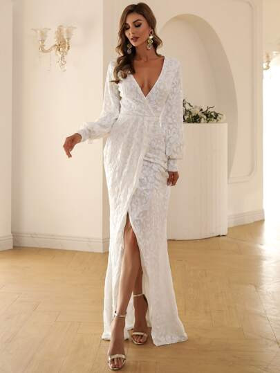 Missord Plunging Neck Wrap Hem Sequin Prom Dress | SHEIN