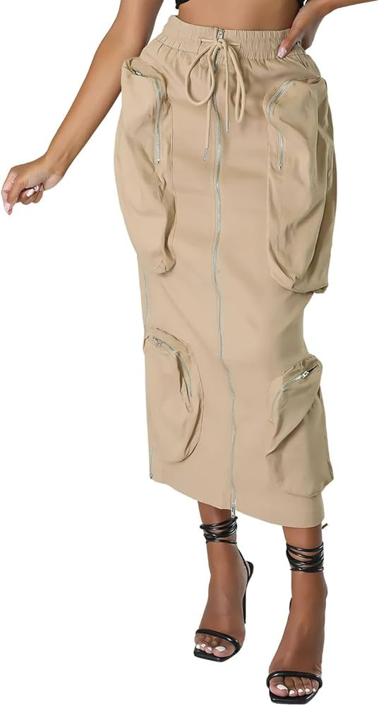 ebossy Women's Vintage 90s Drawstring Stretchy Zipper Muti-Pockets Pencil Long Cargo Skirt | Amazon (US)