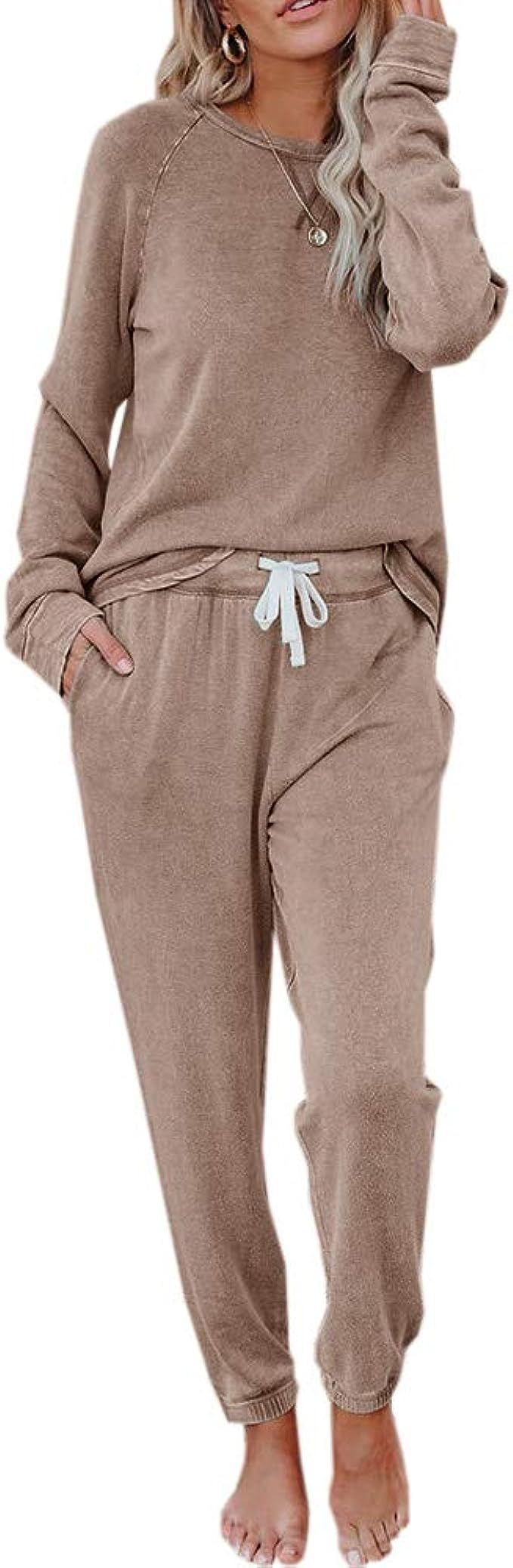 Fessceruna Womens Pajama Sets Long Sleeve Round Neck Top and Pants Loungewear Casual Loose Solid ... | Amazon (US)