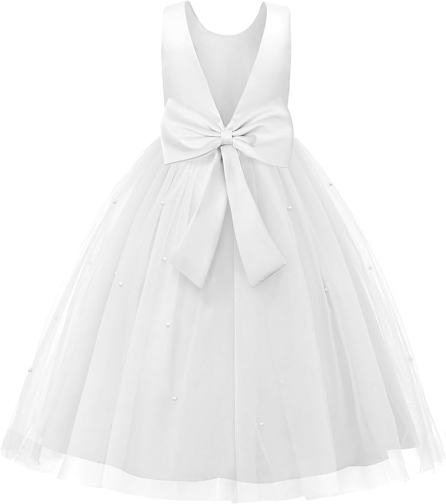 Uhnice Flower Girl Dress Satin V-Back Ball Gown for Wedding Party with Bowknot | Amazon (US)
