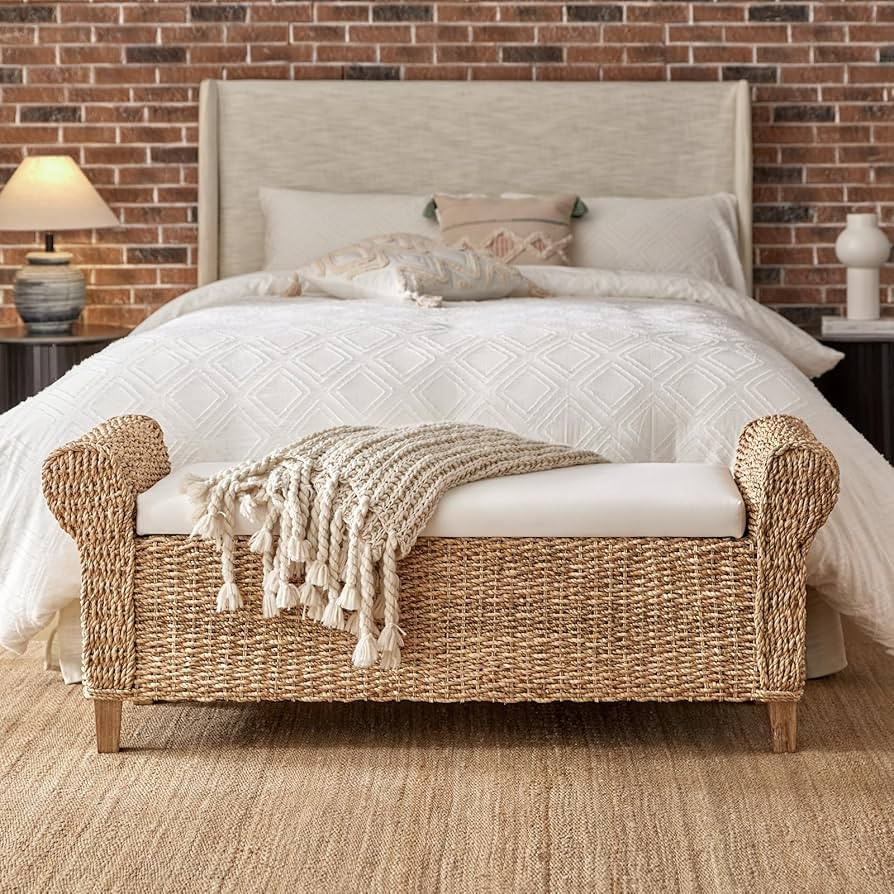 HULALA HOME Rattan Storage Bench, Rattan Upholstered End of Bed Bench with Roll Arm & Solid Wood ... | Amazon (US)