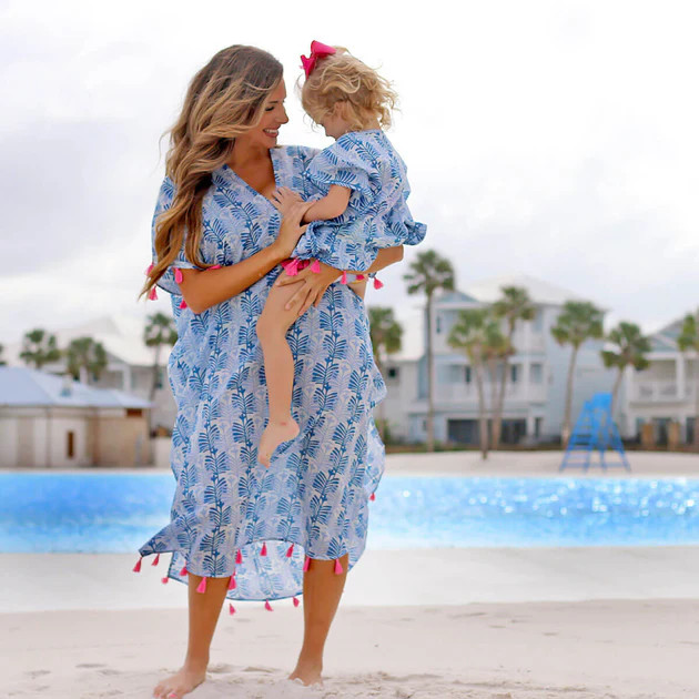 Mom Blue Leaf Print Caftan | Classic Whimsy