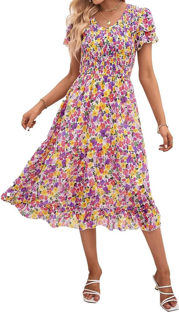 BTFBM Women Casual Summer Short Ruffles Tiered Sleeve Smocked Midi Dresses Bohemian Floral V Neck... | Amazon (US)