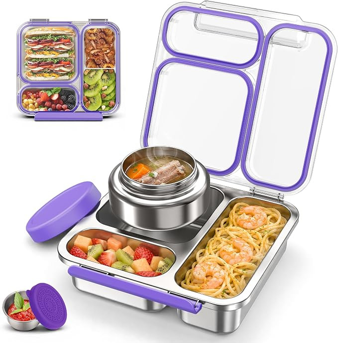 Stainless Steel Bento Box Kids Adult with 7oz Soup Thermo, Transparent Lid 3 Compartments Metal B... | Amazon (US)