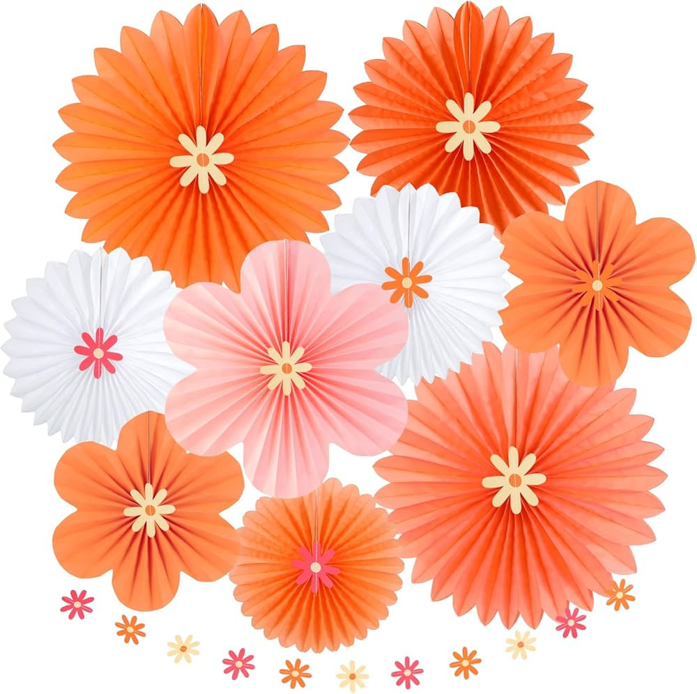 SUNBEAUTY Paper Fans Decorations Pink and Orange Party Decorations Flower Party Decorations Class... | Amazon (US)
