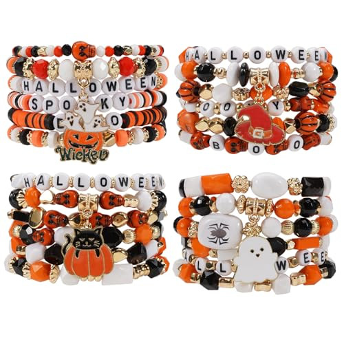 Twinfree 4 Sets Halloween Stretch Bracelets for Women, Pumpkin Ghost Cat Bat Design Beaded Bracelet | Amazon (US)