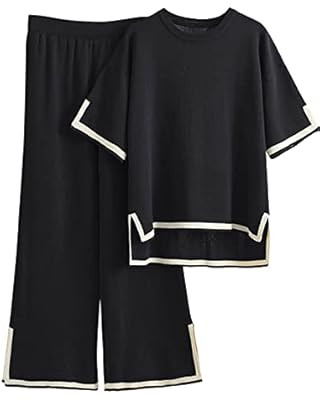 LILLUSORY Womens Two Piece Outfits Short Sleeve Knit Sweater Top Wide Leg Pants Lounge Sets | Amazon (US)
