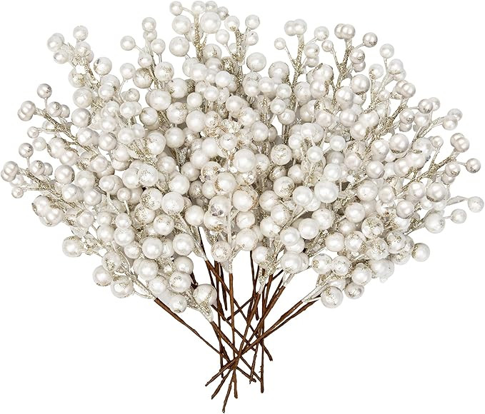 20 PCS Artificial Christmas Berry Picks, 8.7" Pearl White Faux Berry Stems Spray with Glitter Pai... | Amazon (US)