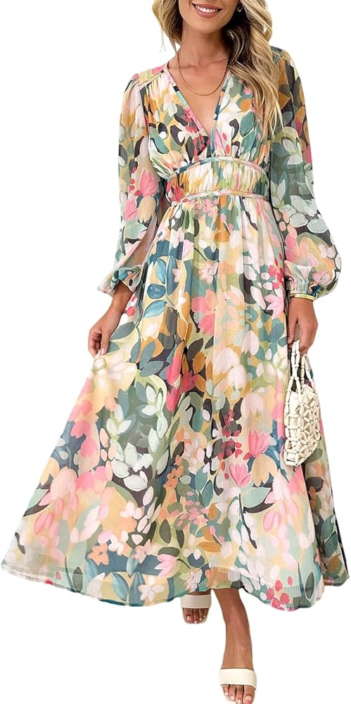 Women's Long Sleeve Boho Maxi Dress Floral Print Long Dress Pink Print | Amazon (US)