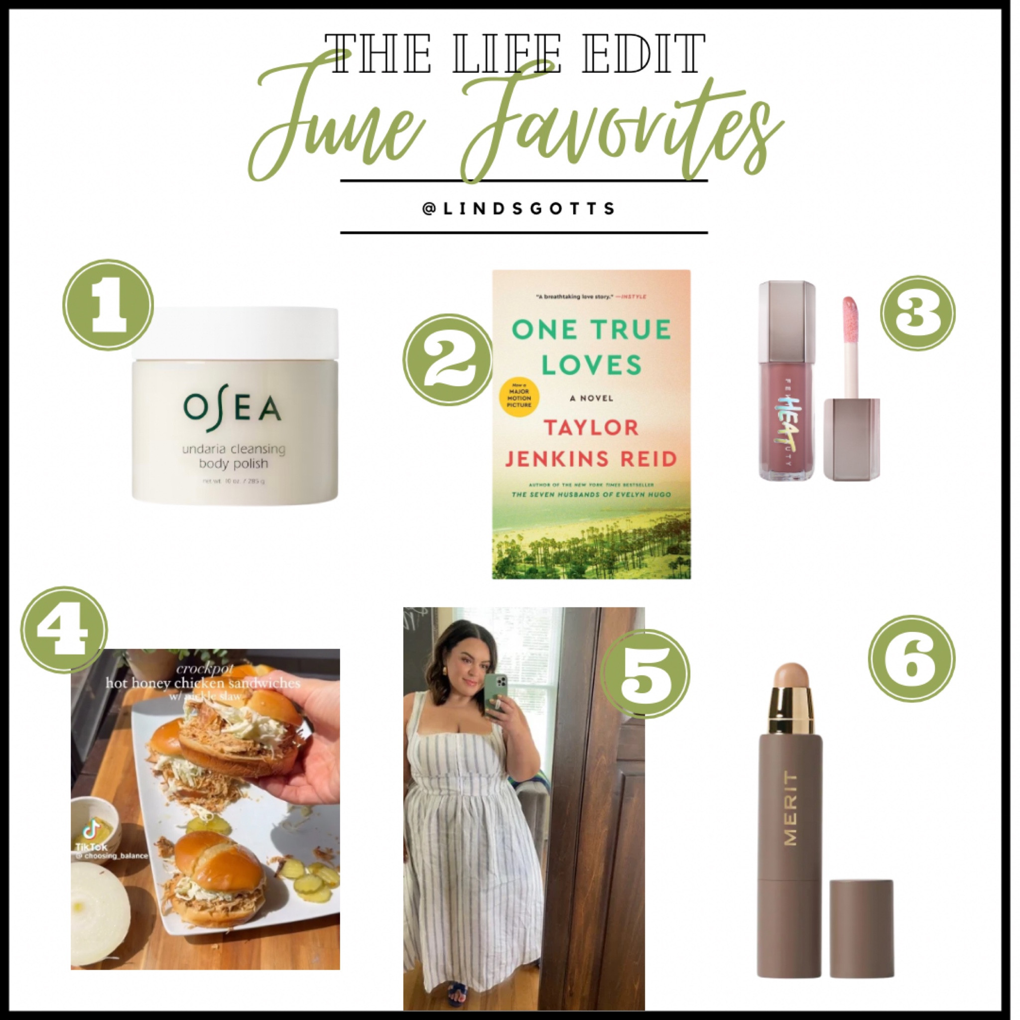 June Favorites- my secret to the softest skin, the lipgloss that gets all the compliments, and more. 

Recipe: @choosing_balance on Tik Tok - crock pot hot honey chicken sandwiches with pickle slaw 

