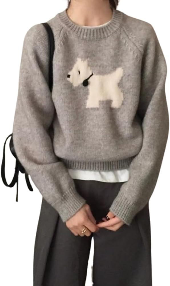Graphic Pullover Knitted Crewneck Sweater Dog Print Long Sleeve Winner Sweater Loose Streetwear | Amazon (US)