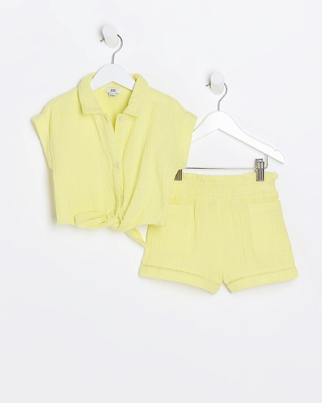 Mini girls yellow textured tie up top set | River Island (UK & IE)