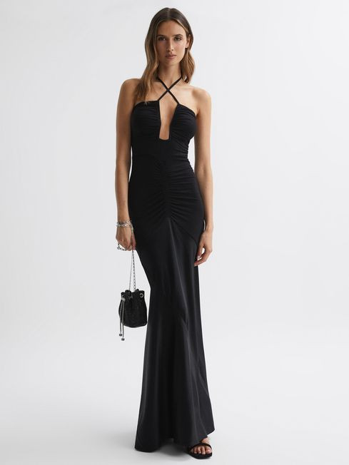 Reiss Black Thalia Fitted Plunge Neck Satin Maxi Dress | Reiss US