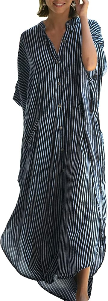 Chunoy Womens Button Down V Neck Kimono Sleeve Long Kaftan Beachwear Cover Up Maxi Dress | Amazon (US)