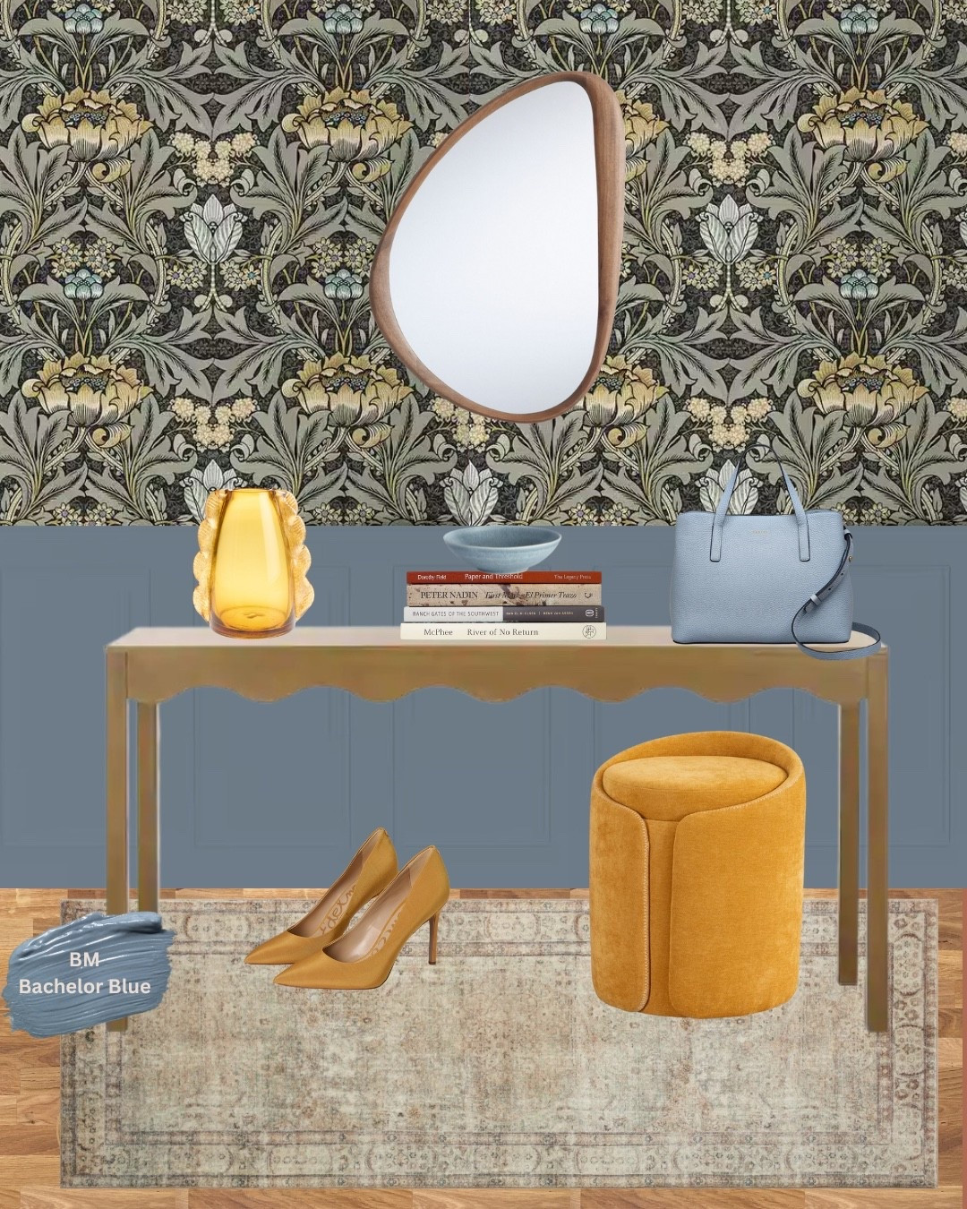 Gorgeous entryway mood board. I love the fun pops of color! Lovely wallpaper, yellow storage ottoman, beautiful high heels, gorgeous purse by Radley London. Organic mirror and beautiful vase from World Market. #homedecor #entryway #purse

#LTKShoeCrush #LTKHome #LTKFallSale