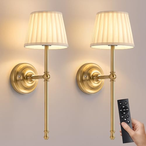 NEWSEE Battery Operated Wall Lights Set of 2, Cordless LED Fabric Wall Sconces, 5200mAh Rechargeable, Dimmable with Touch & Remote Control, Wireless Lamp for Hallway, Bedroom Living Room (Gold) | Amazon (UK)