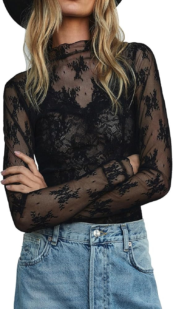 KMBANGI Women's Mesh Long Sleeve Top Mock Neck Sheer Blouse Floral Lace Layering Tops Y2k See Thr... | Amazon (US)
