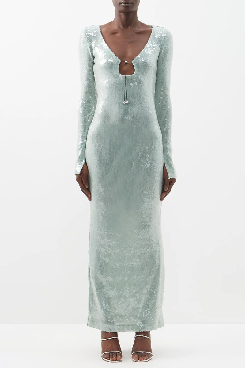 Sequin Long Flare Sleeve Tied Up Irregular Neck Bodycon Slit Formal Party Maxi Dresses | Cherley
