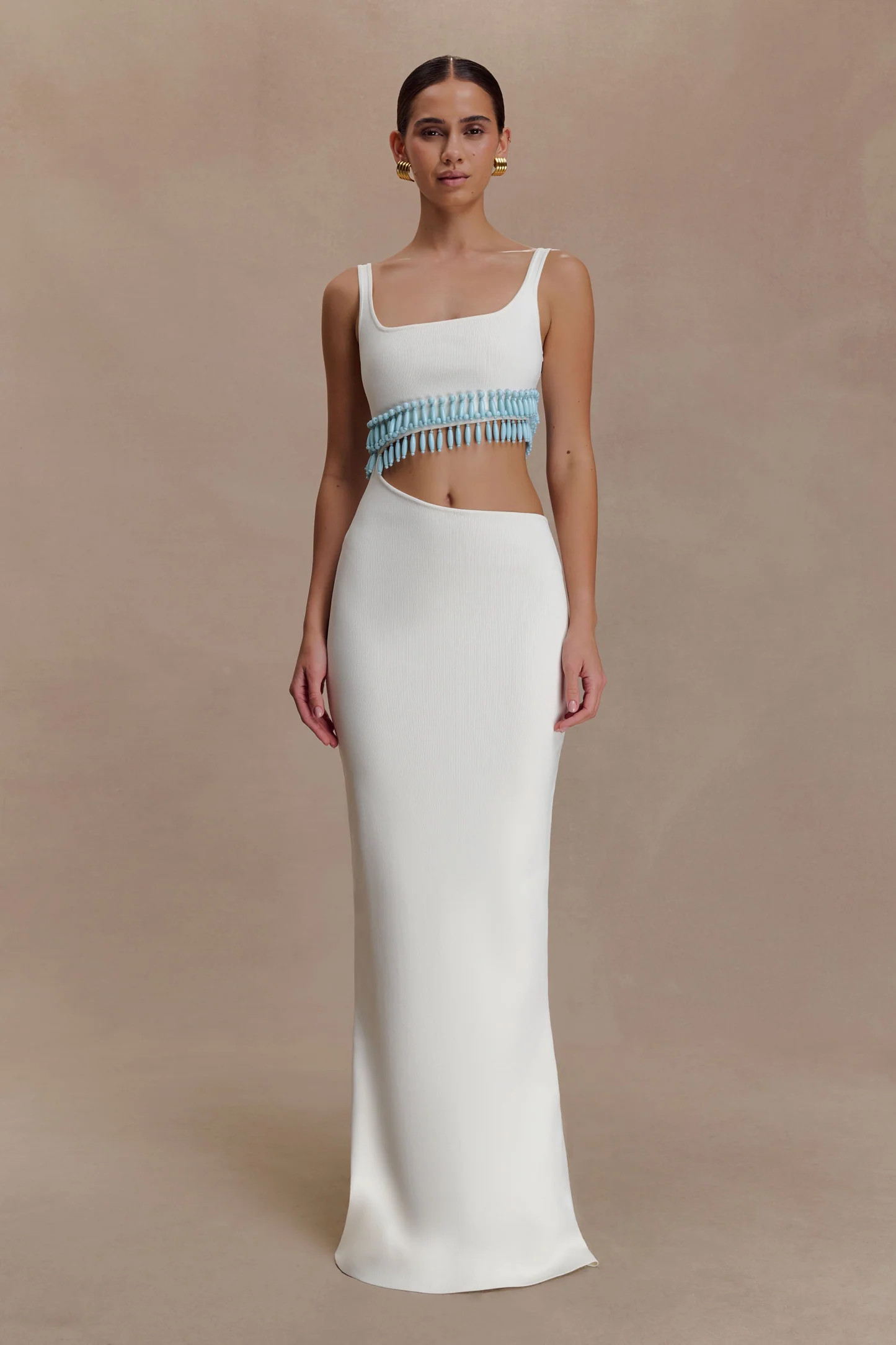 Knit Maxi Beaded Dress - White | MESHKI US