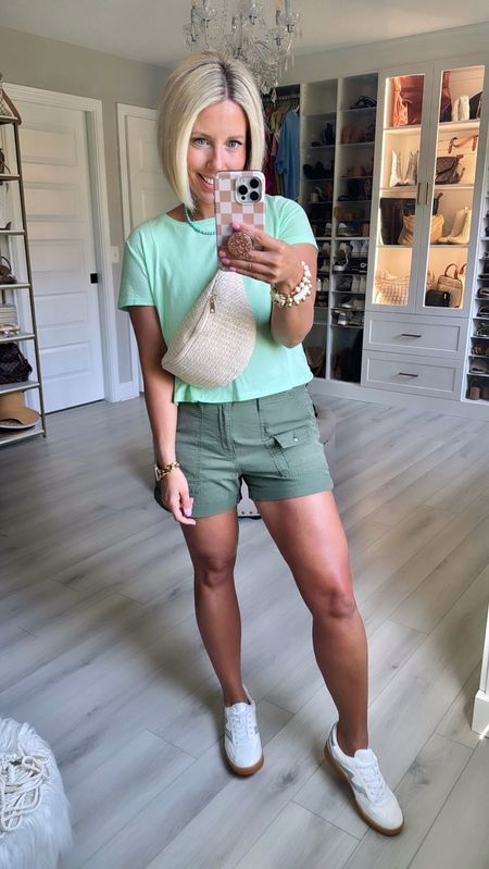 I love this green monochromatic casually look for summer!!! 
Tee sized up to medium 
Shorts TTS but sized up to 6 for roomy fit
Shoes TTS

#LTKFindsUnder50 #LTKFindsUnder100 #LTKOver40