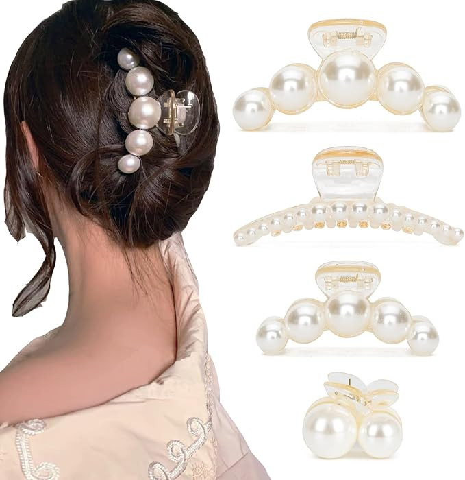 Hair Clips for Women, Large High-Gloss Pearl Hair Claw Clip Set Strong Hold No Slip, Cherry Banan... | Amazon (US)
