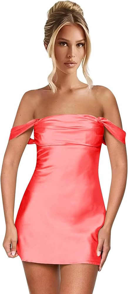 Amazon.com: enetly Satin Off Shoulder Red Short Homecoming Dresses for Teens Tight Open Back Grad... | Amazon (US)