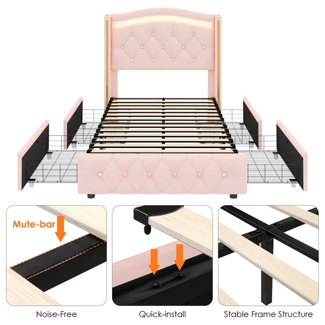 Homfa Twin Size LED Bed Frame with 4 Storage Drawers, Velvet Upholstered Platform Bed with Crysta... | Walmart (US)
