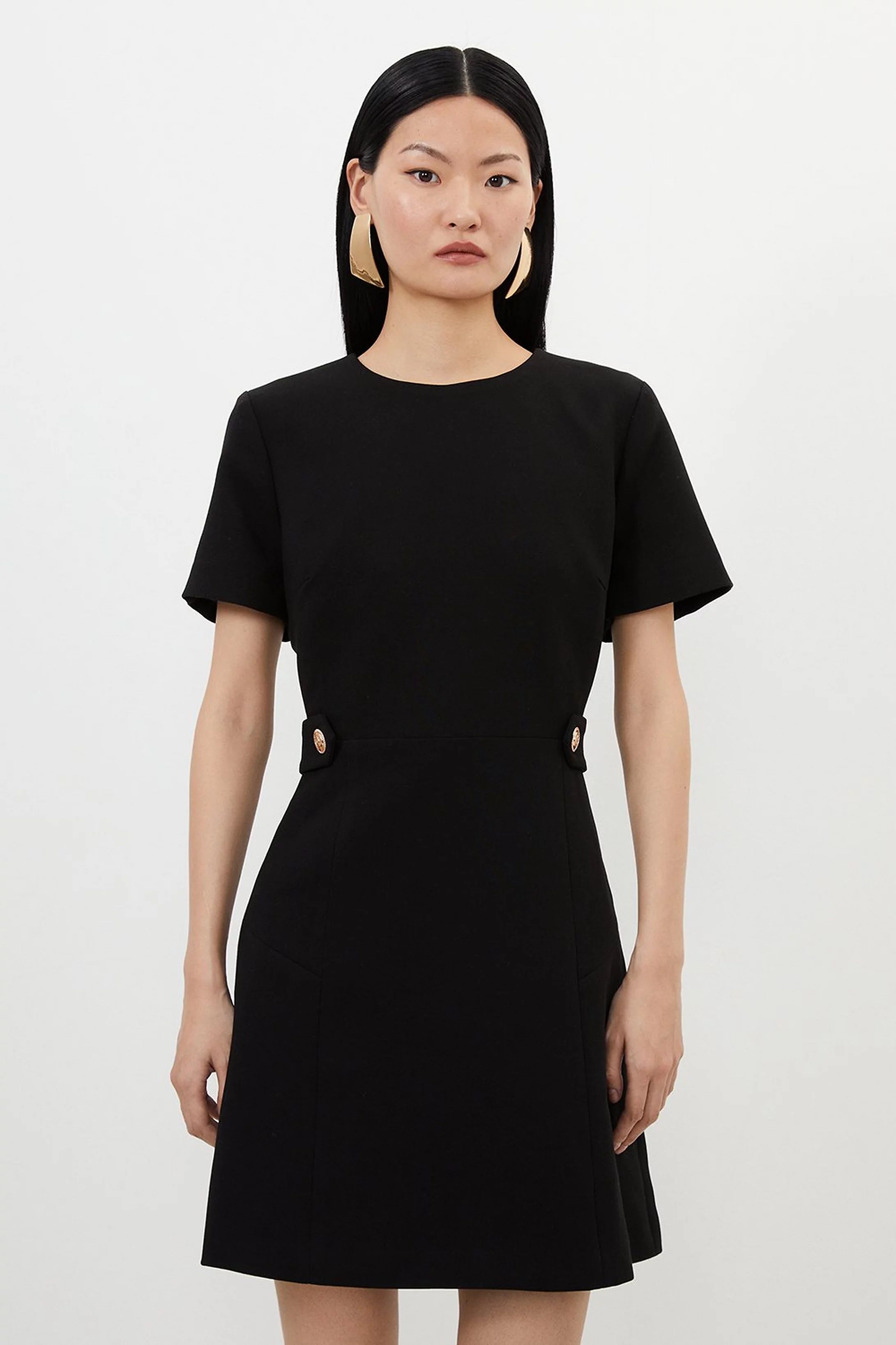 Compact Stretch Essential Waist Tab Detail Tailored Mini Dress | Karen Millen UK + IE + DE + NL