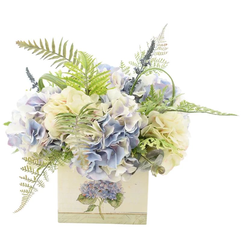 Mixed Hydrangea and Fern Floral Arrangement in Tin Pot | Wayfair North America